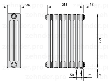 Схема (чертеж) Радиатор Zehnder Charleston 4120/8 №5510 Белый глянцевый RAL 9016